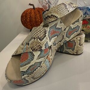 Matisse “Runaway” snake platform sandals in orange and light blue color-way.